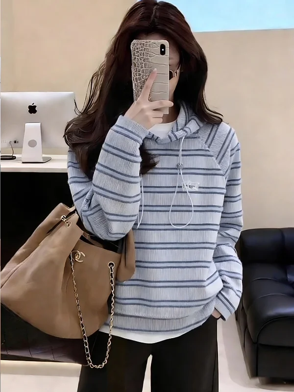 

Корейская мягкая полосатая толстовка с капюшоном и длинными рукавами из чистого хлопка для женщин, весенняя, большого размера, свободного кроя, повседневная, стройнящая.