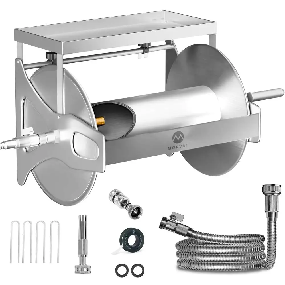 150FT Stainless Steel Water Hose Reel with Shelf & Crank Retractable Garden Holder Wall/Floor Mount Complete Set Included