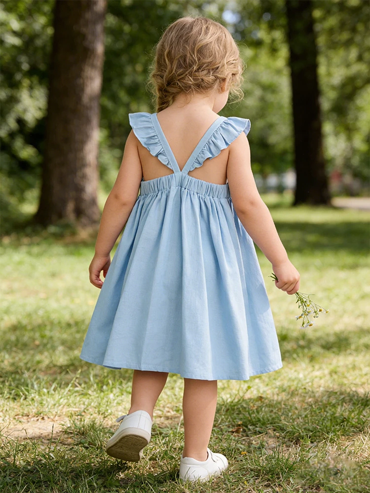 Forest-style pure cotton cute flutter-sleeve dress for girls2026Cross-back design versatile dress for baby girls