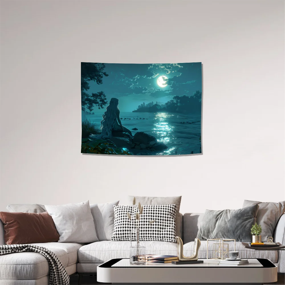 Huge Mermaid Fantasy Tapestry Wall Art Ocean Moonlight Dream Scene Printed Decorative Room Decor Background Poster 150x230cm view 3