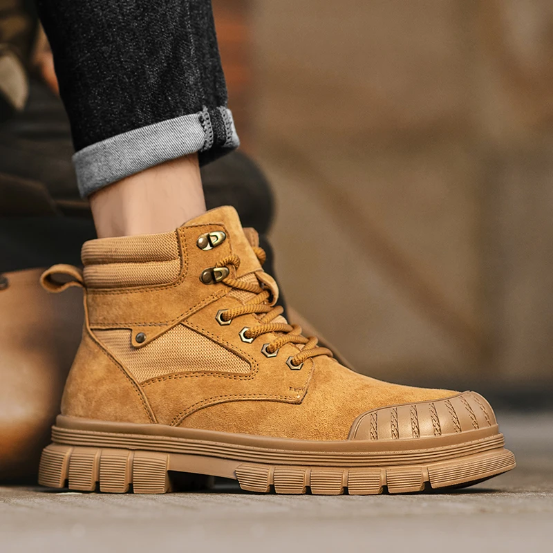 Мужские рабочие ботинки для альпинизма на открытом воздухе: новые большие желтые ботинки 2025 года, прочная рабочая обувь в британском стиле с высоким берцем, увеличивающая рост