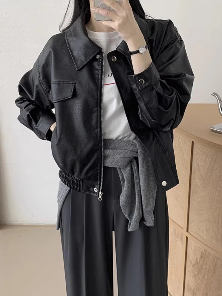 

Korean Street Vintage PU Leather Moto&Biker Jacket Autumn New Black Short Coat Women Casual All-match Long Sleeve Tops Mujer