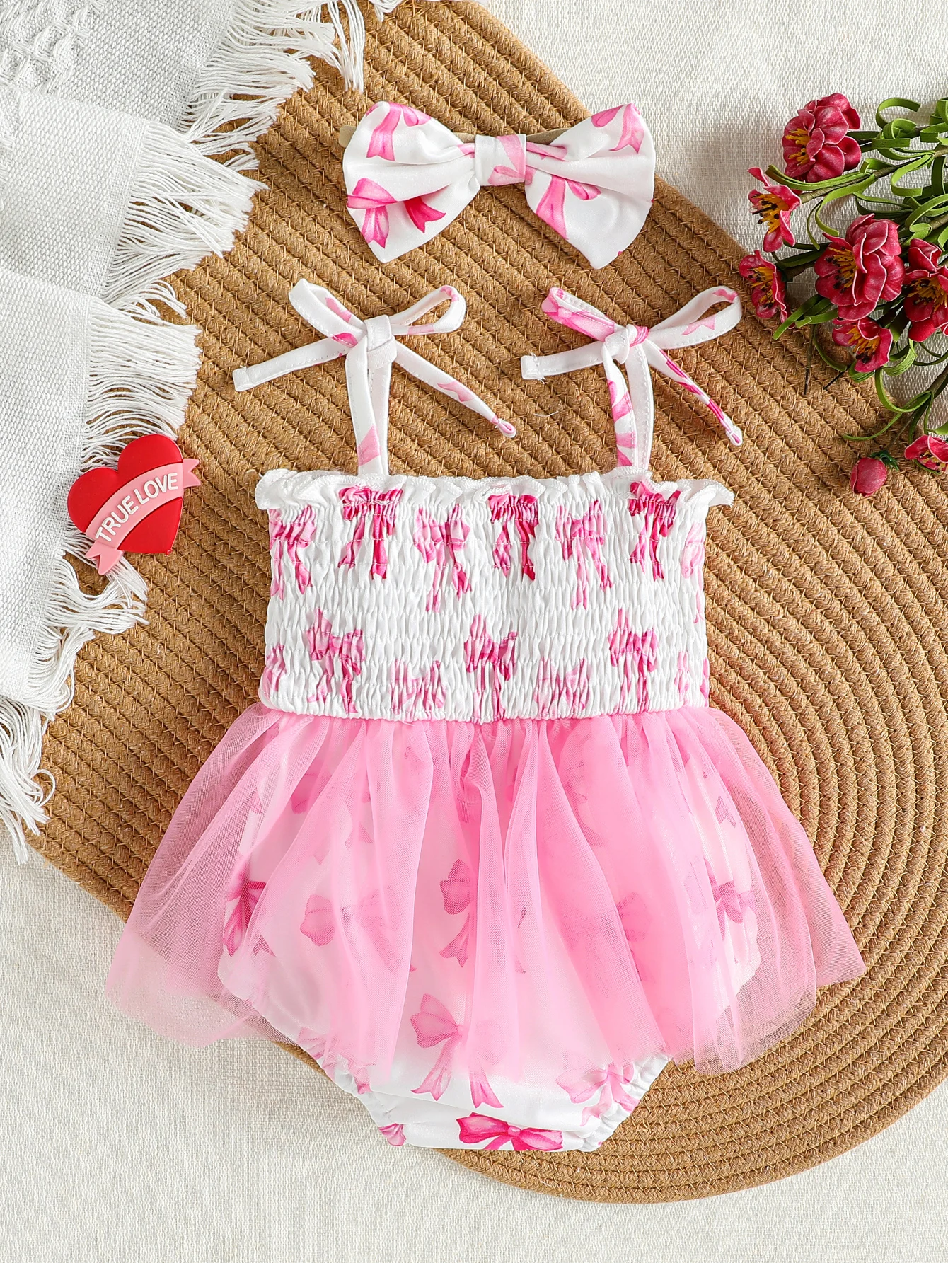 2Pcs Newborn Baby Girls Rompers Bow/Print Sleeveless Tulle Skirt Hem Jumpsuits Fashion Bodysuits with Headband Clothes