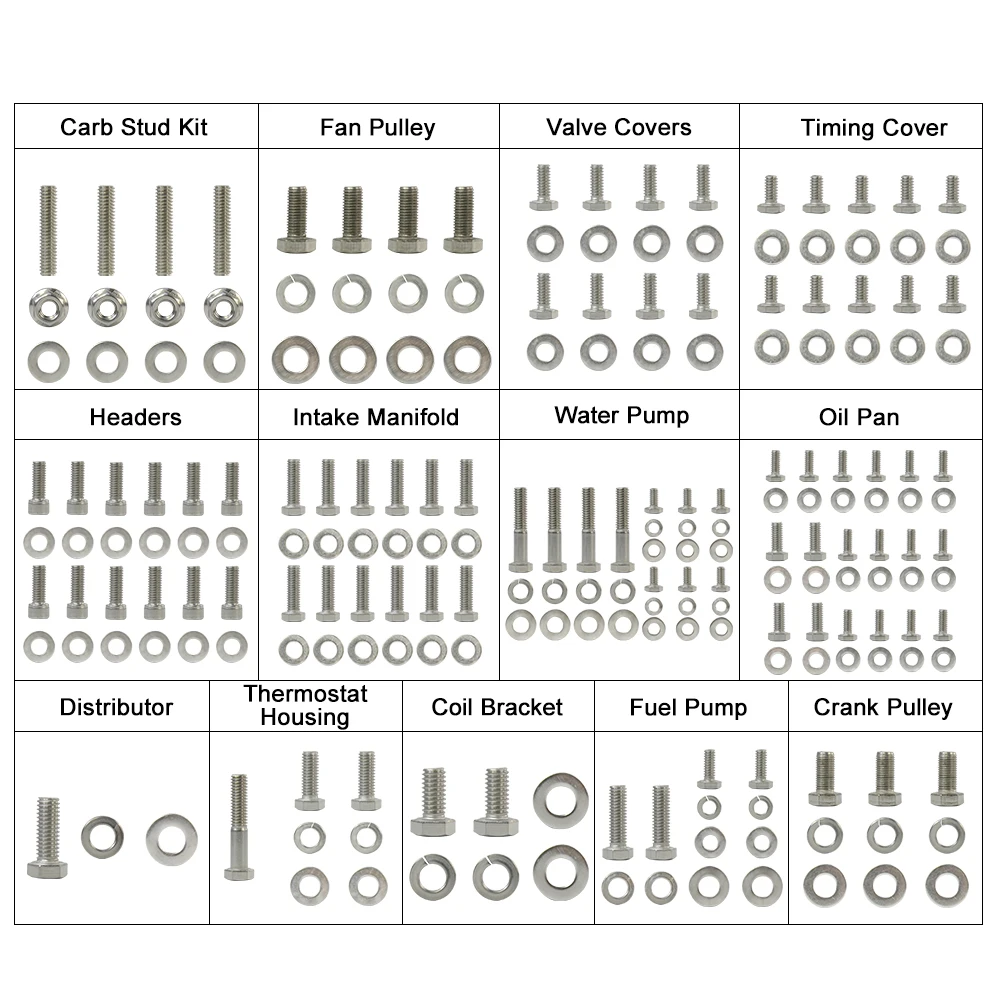 WLR - Small Block Stainless Engine Hex Bolt Kit For Chevy 265 283 302 305 307 327 350 400 Engine HEX Bolt Kit 211Pcs Nuts&Bolts