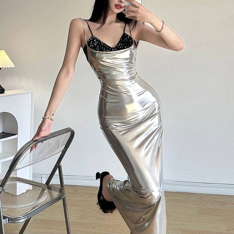 Seksowna, dopasowana, błyszcząca sukienka midi na ramiączkach damska moda Y2K gorące dziewczyny patchworkowa obcisła sukienka koreańska odzież uliczna impreza klub Vestidos nowa