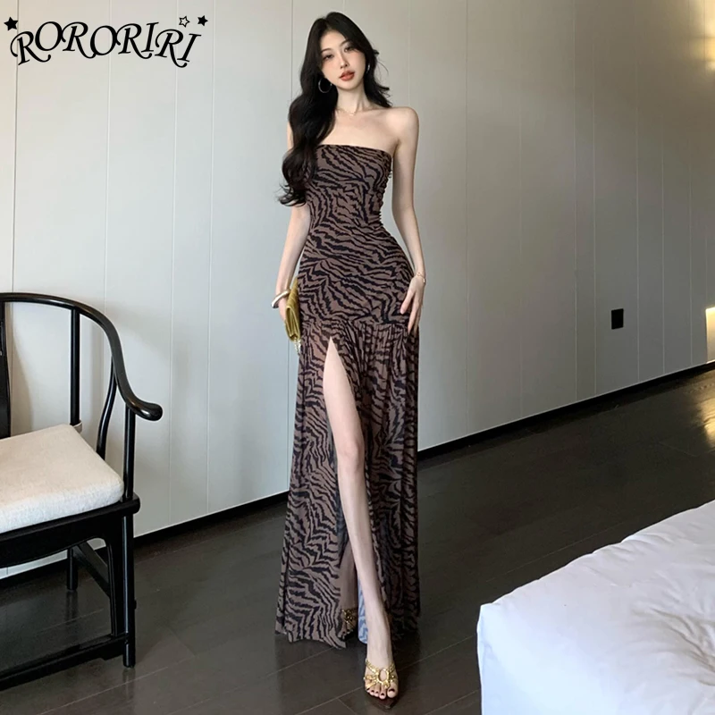 

RORORIRI Vintage Tiger Stripe Corset One-piece Women Sleeveless Backless Sexy Slim Bodycon Draped Slit Long Dress Grayu Clothes
