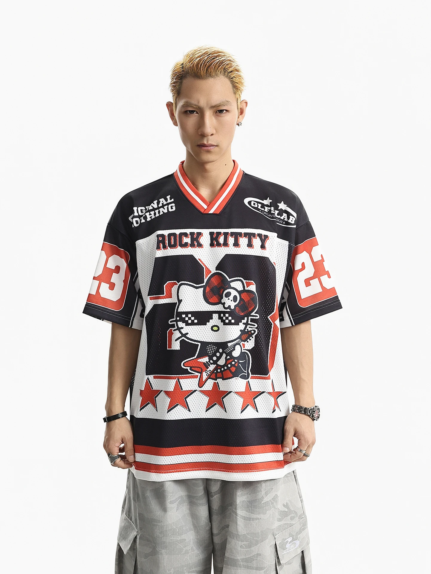 

BETEBULE American High Street Cartoon Print Short Sleeve T-Shirt V-Neck Men's Summer Loose Sports Top for Couples