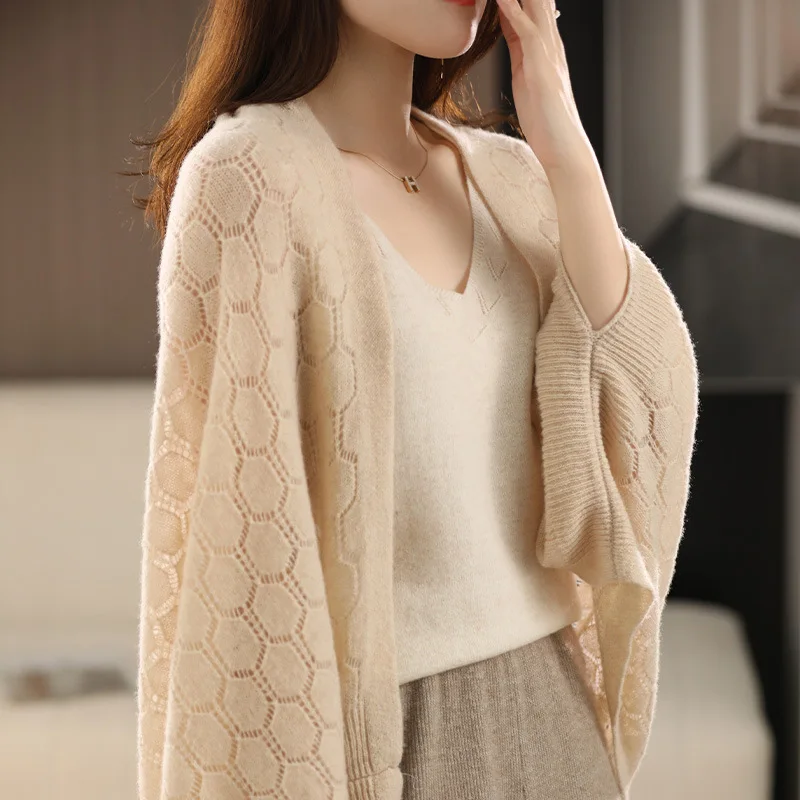 100% Pure Wool Knitted Wraps For Women 2Purposes Hollow Out Cardigan Cape Korea Fashion Pashmina Scarf Warm Soft Wollen Shawls