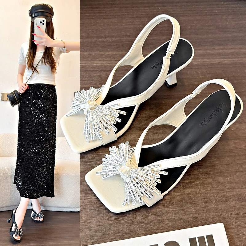 Women Rhinestone Tassel Fringe Slingback Sandals Square Open Toe 7.5CM Flared Tulip Stiletto High Heel Party Dress Shoes