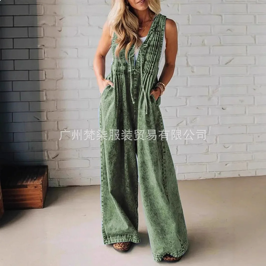 

2025 Summer Women's Casual Solid Sleeveless Loose Wide Leg Jumpsuit Overall Playsuit