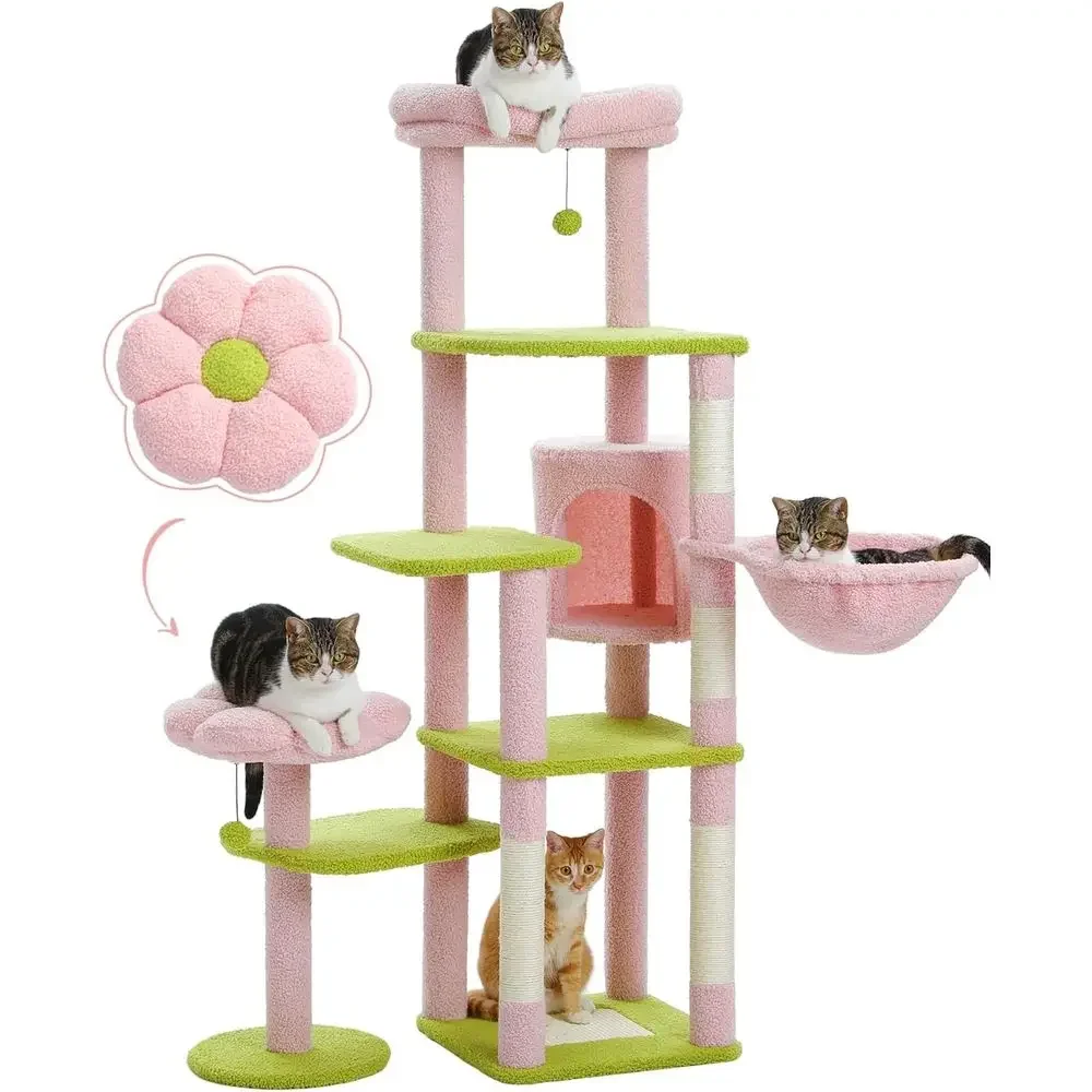 

59 Tall Multi-Level Cat Tower with Hammock, Scratching Post, and 2 Perches, Pink