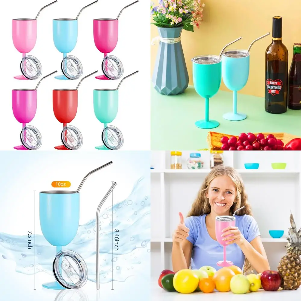 

Бокалы для вина из нержавеющей стали с крышками и соломинкой, 10-унций Небьющиеся металлические стаканчики с двойными стенками и вакуумной изоляцией для Durabil