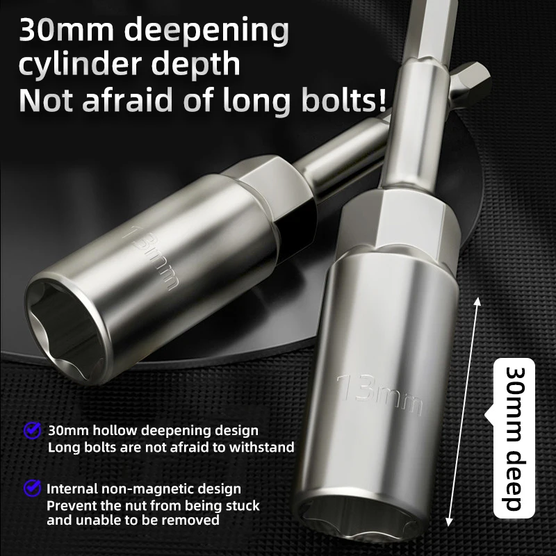 Non-magnetic Deepen Hex Socket Bit 100mm Electroplated Rustproof Nut Driver Sleeve 5.5-19mm Electric Drill Adapter
