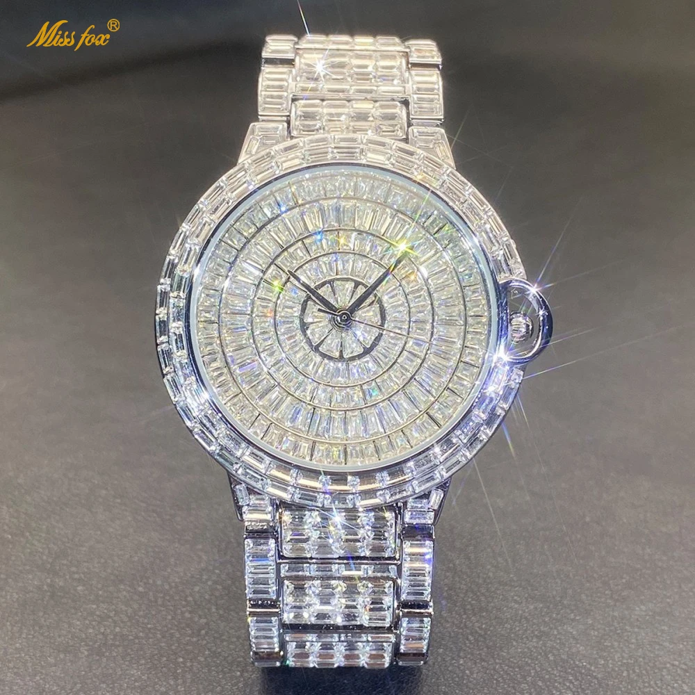 Missfox Luxury Men Watch Full Paved Crystal Round Dial Quartz Wristwatch Hip Hop Iced Out Alloy Steel Band Waterproof Party Dress Watch