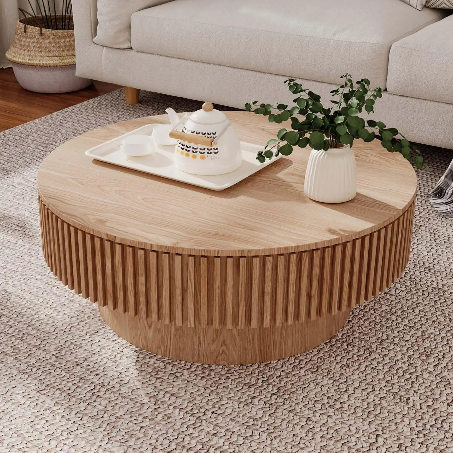 Round Wooden Coffee Table With Storage Shelf For Living Room, Customized