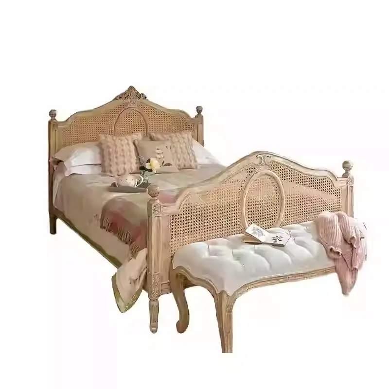 American rural retro carving old light luxury white large apartment bedroom princess bed high back creative rattan bed