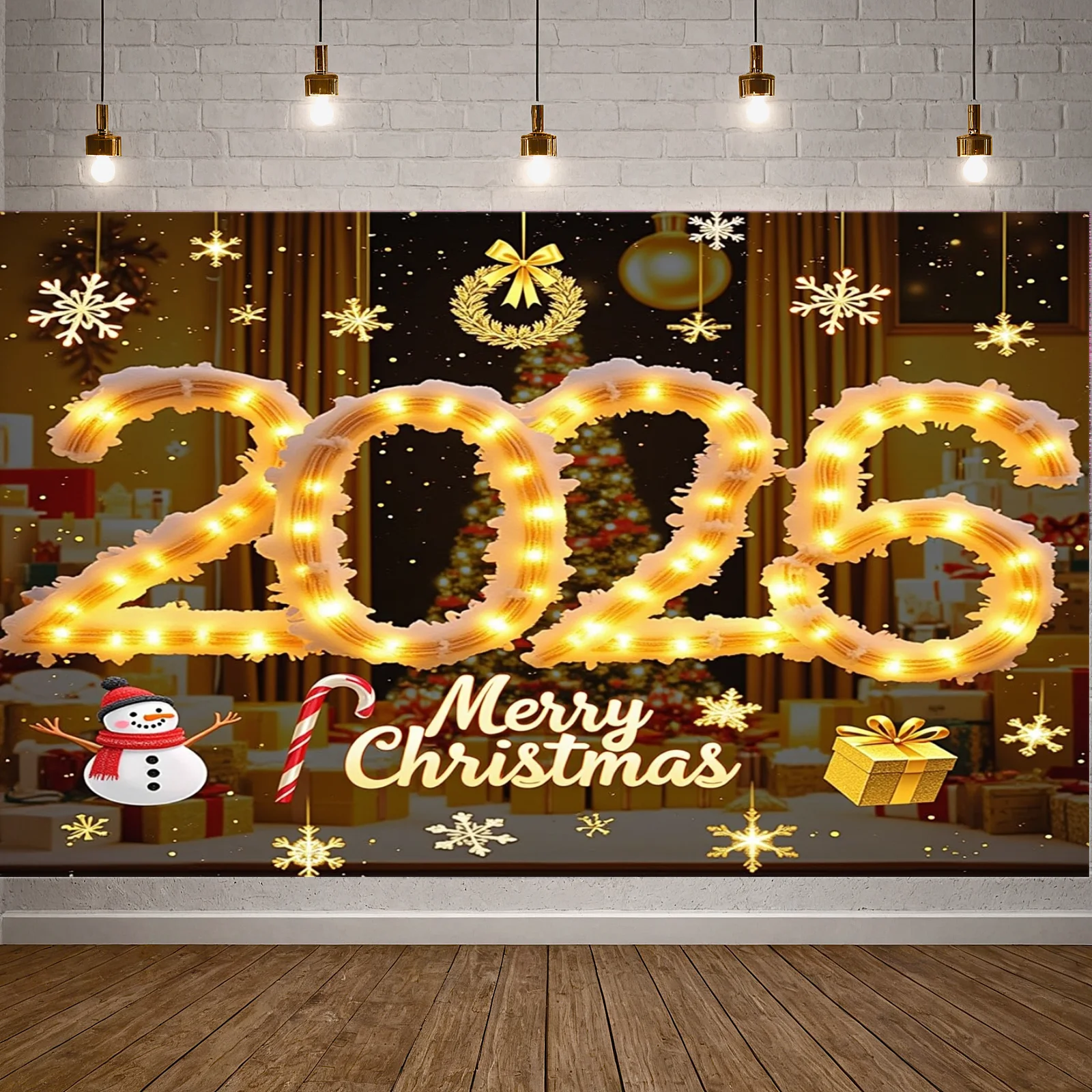 2026 عيد الميلاد السنة الجديدة راية الذهب تضيء ديكور خلفية الشريط الأحمر عطلة الديكور السنة الجديدة حفلة داخلي الجدار الشنق #4