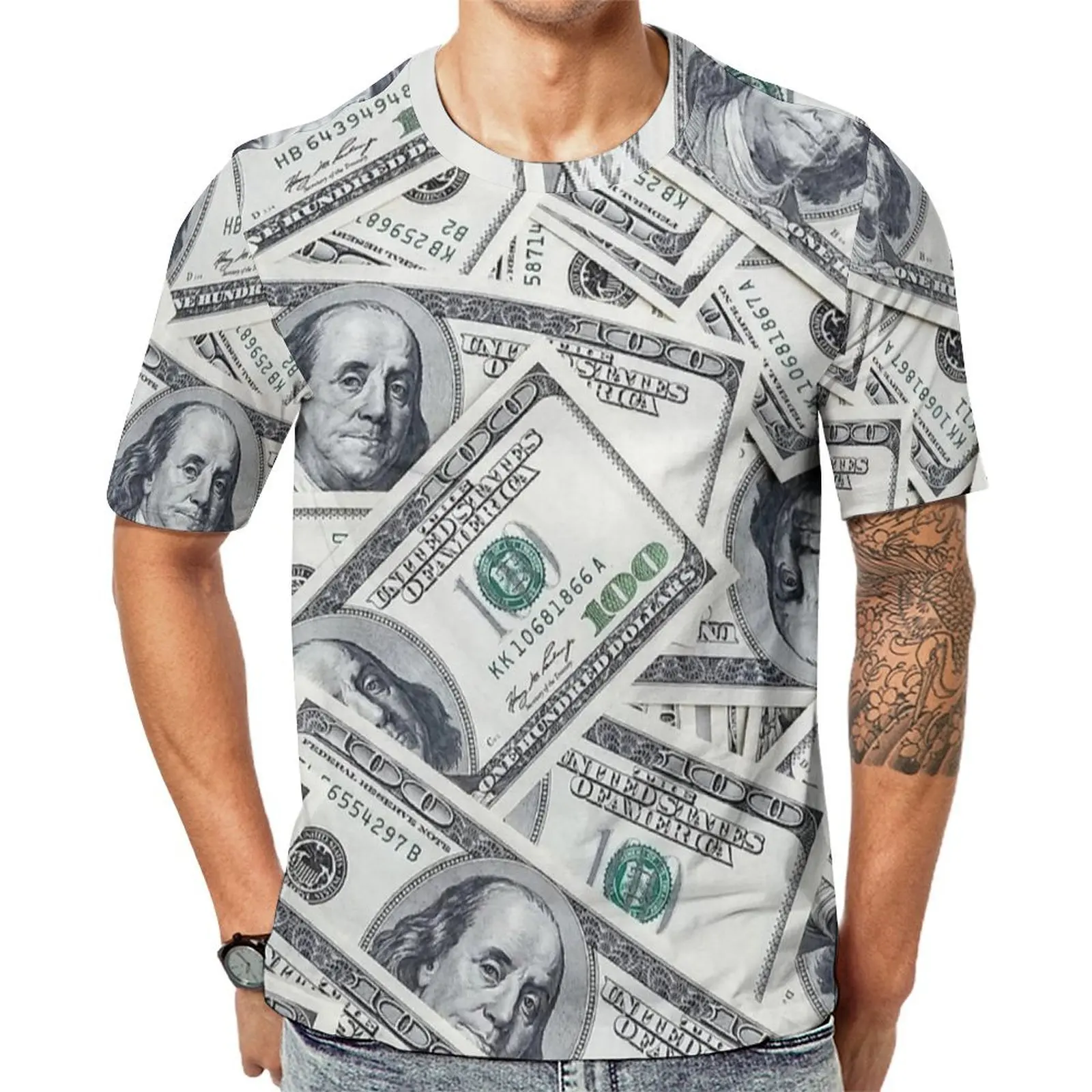 Men Stacked 100 Dollar Print T-Shirt  Trending T-Shirts Short-Sleeved Design Tshirt Cheap Beach Streetwear Plus Size Tees