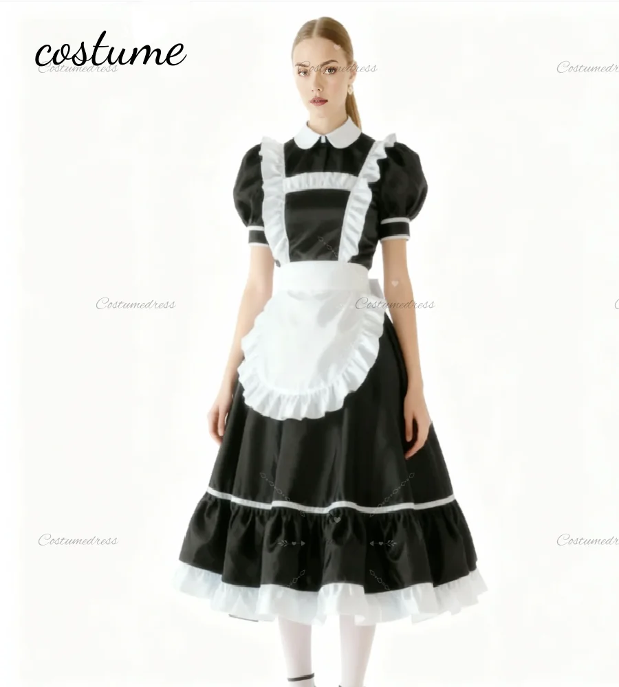 ゴシック風白黒メイド服エプロン付き2026ピーターパンネックティーレングスショートイブニングドレスサテンハロウィンコスチュームプロム