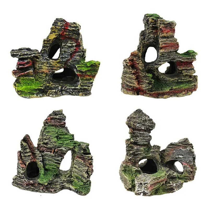 4Pcs Aquarium Decoration Fish Tank Mountain Cave Simulation Resin Aquarium Rock Fish Tank Landscaping Ornamental Resin