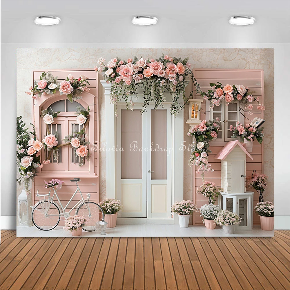 Light Pink Vintage Store Photo Background for Girl Birthday Portrait Photography Backdrop Flowers Wall Photo Studio Props