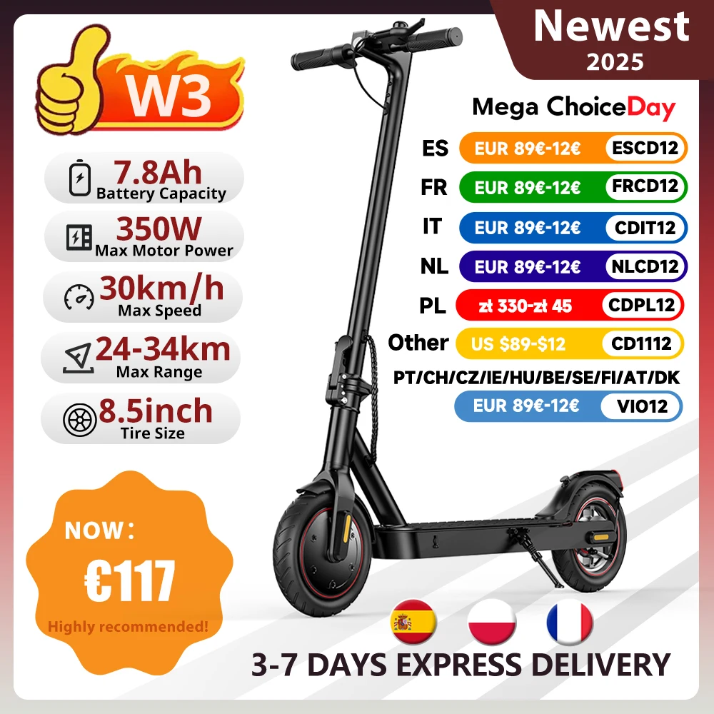 W3 City Commuter Electric Scooter 8.5 inch 350W Motor 36V 7.8Ah 24-34km Range 30km/h Speed Rear Drive Smooth Ride E Scooters