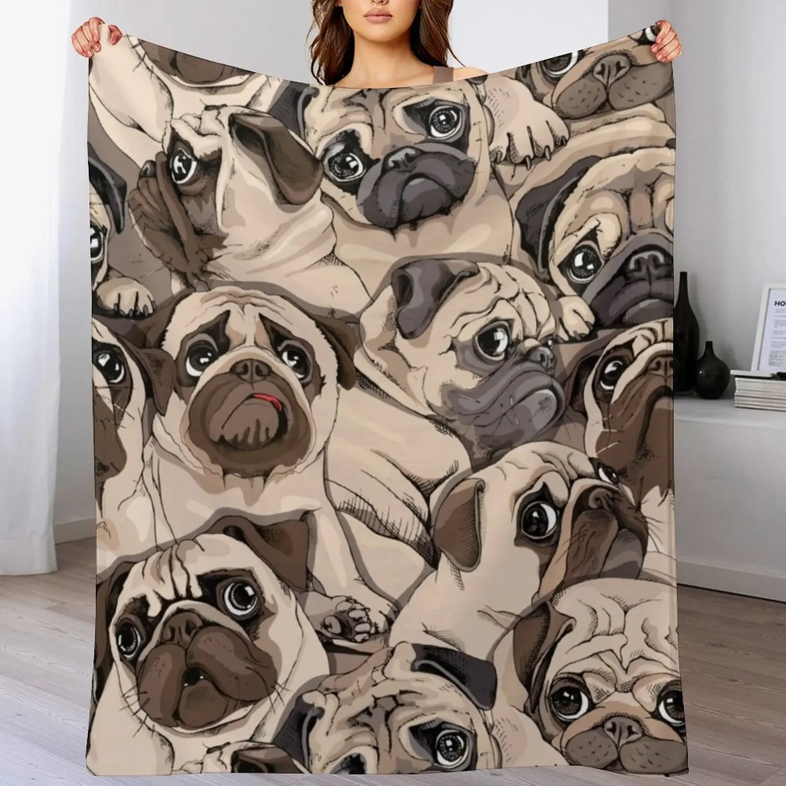 

Seamless pattern - Portrait of many pugs Throw Blanket Warm Comfortable Blanket Gift for Parents Friends
