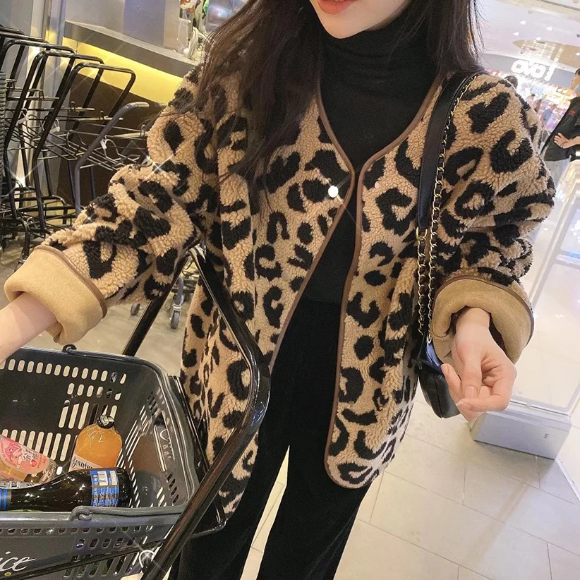 Hong Kong Sle Retro Lamb Wool Outerwear Women Autumn and Winter Small Idle Sle  Loose All-Match Leopard Print Cotton...