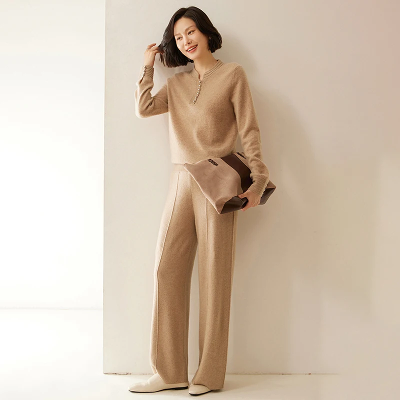 New Autumn Winter Women\'s 100% Cashmere Wide Leg Pants Simple Line Style Knittd Trousers Elasticated Waist Pants