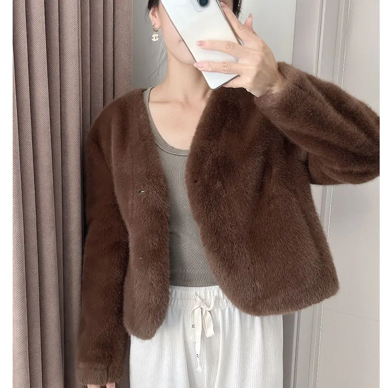 

Snaoutofit Golden Mink Cashmere Fur One-Piece Fur Women Korean Small Style Short Coat Winter Thickened High Quality Women's Top