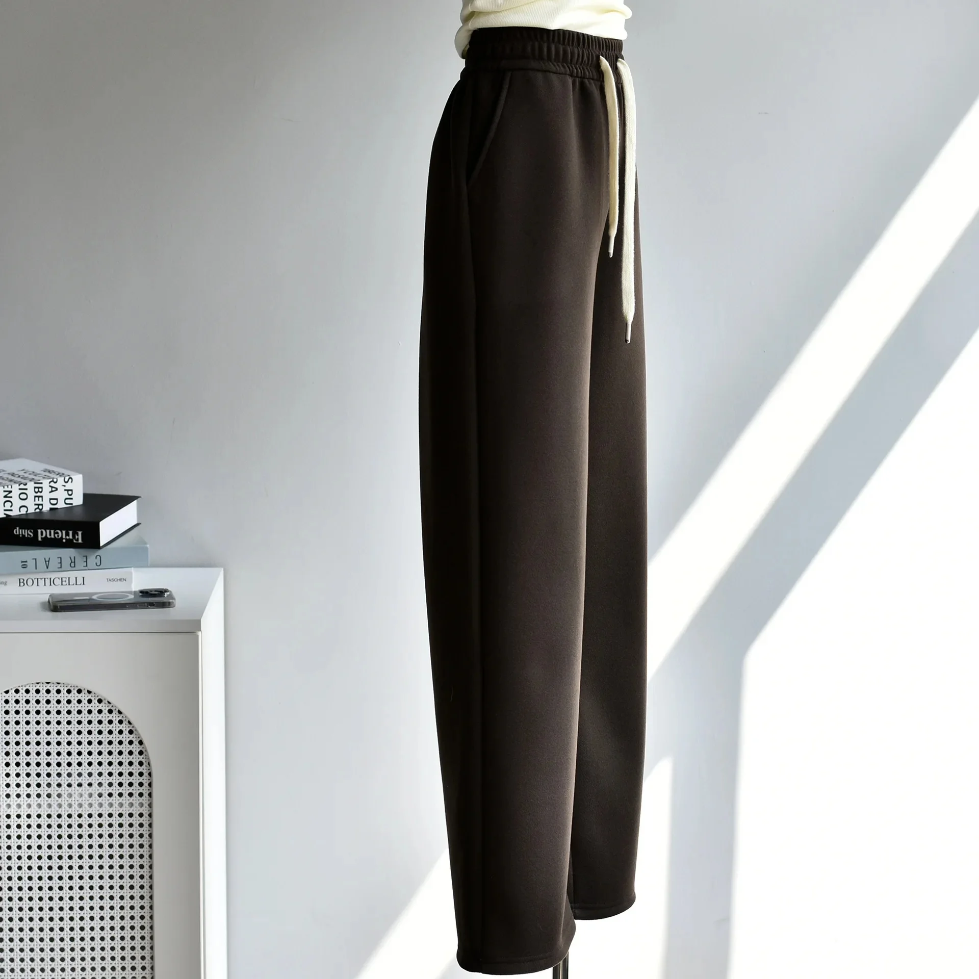 Women's Winter Fleece-Lined and Thickened Casual Trousers Narrow Bell Bottoms Draped Straight-Leg Pants Silk Wool Blend