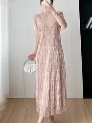 YUDX 2023 Early Autumn New Miyake High-end Fringe Stitching Summer Long Pleated Temperament Ageing Short-sleeved Women's Dresses