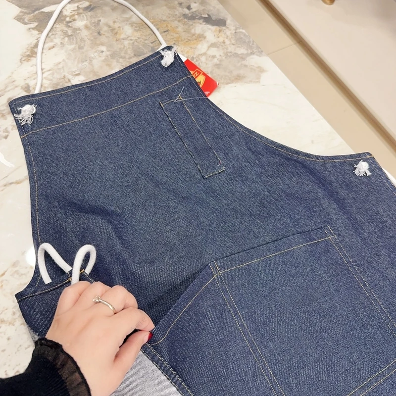 Tablier en denim de coton de style japonais-coisine à la mode café Nail Art peinture vêtements de travail unisexe