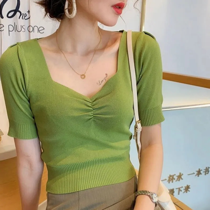 Women Monochromatic Square Collar Short Sleeve T-Shirt, Slim Top, Elegant Clothes, Sexy, All-match, Office Lady, Summer Fashion