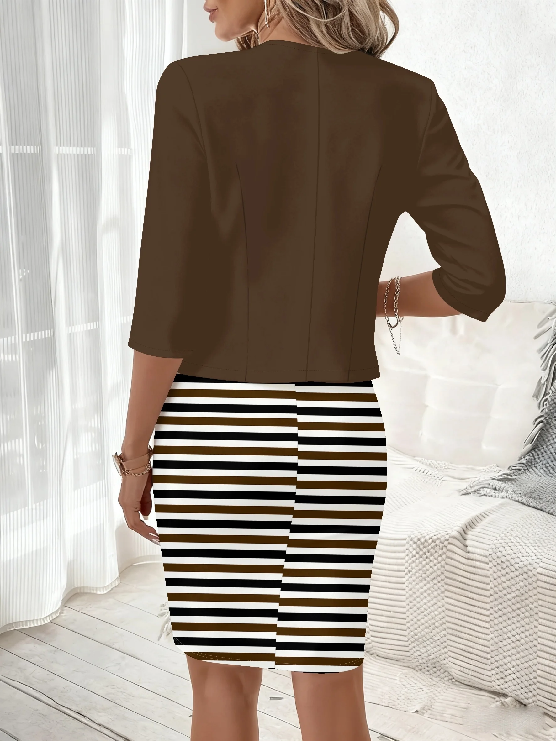 Printed Design Casual Style Brown Black White Horizontal Striped Pattern Round Neck Dress Set
