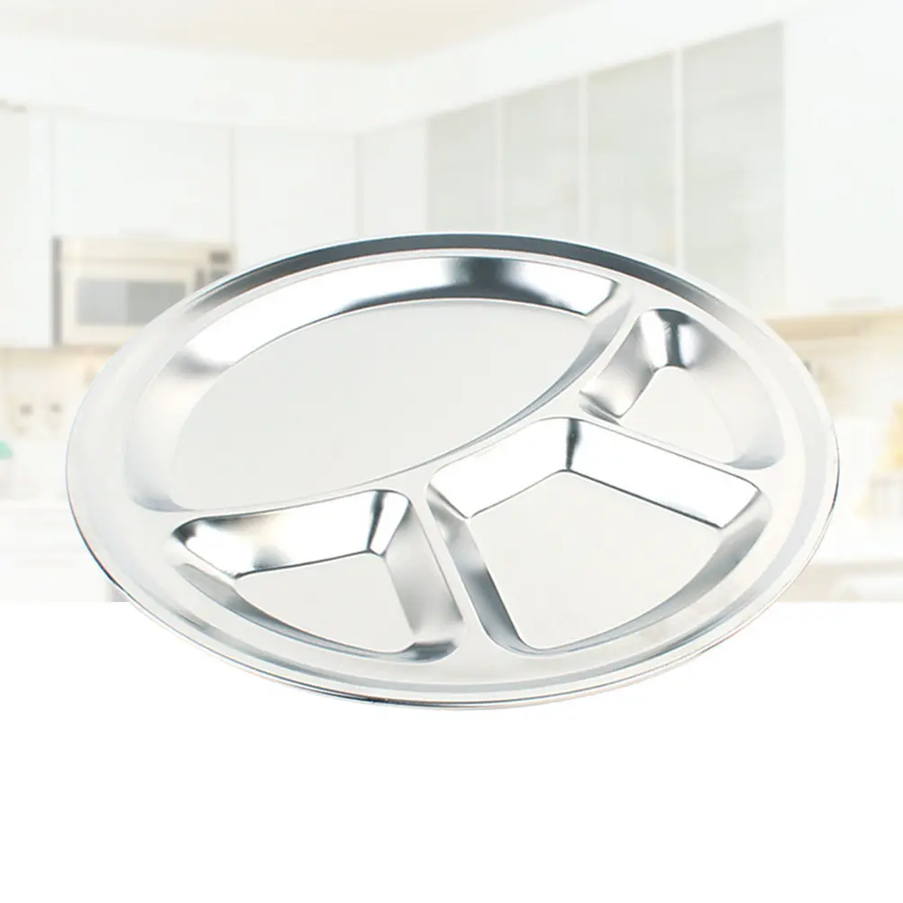 4 Grids Stainless Steel Round Divided Plate 32Cm Hard Wearing Polished Surface Food Safe Dish for Cafe Family Restaurant