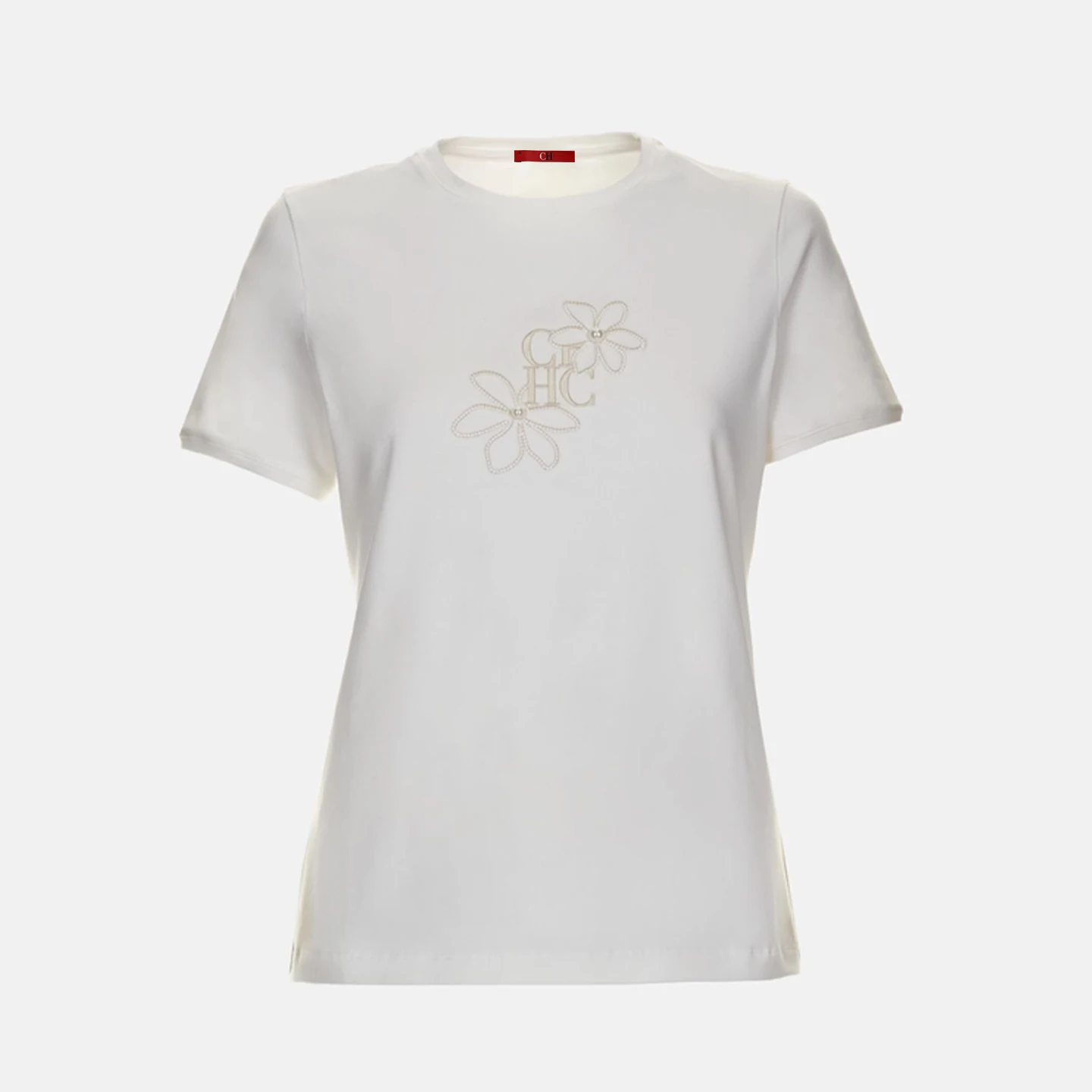 CH Damen-T-Shirt mit Rundhalsausschnitt, weiß, mit Blumenstickerei und Buchstaben-Aufdruck, weiches, lässiges Kurzarm-T-Shirt – Detail 3