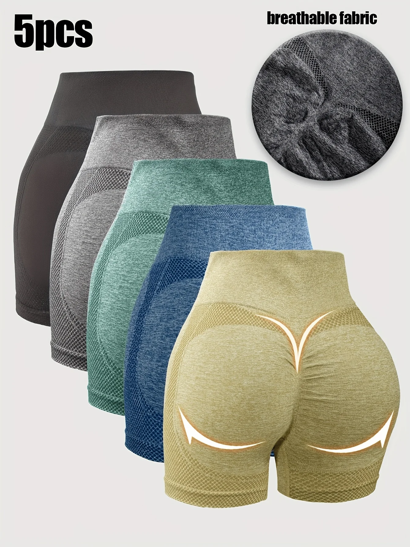 5-pack elegant solid-color women's workout shorts with hip-lifting design, ideal for exercise.