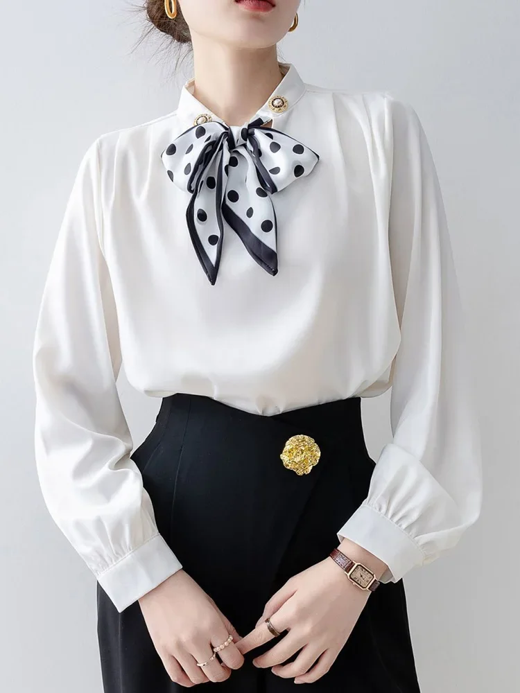 

French Elegant White Shirt Women Sweet Bow Lace Up Long Sleeve Slim Blouse Spring Casual O Neck Vintage Office Lady Sweet Tops