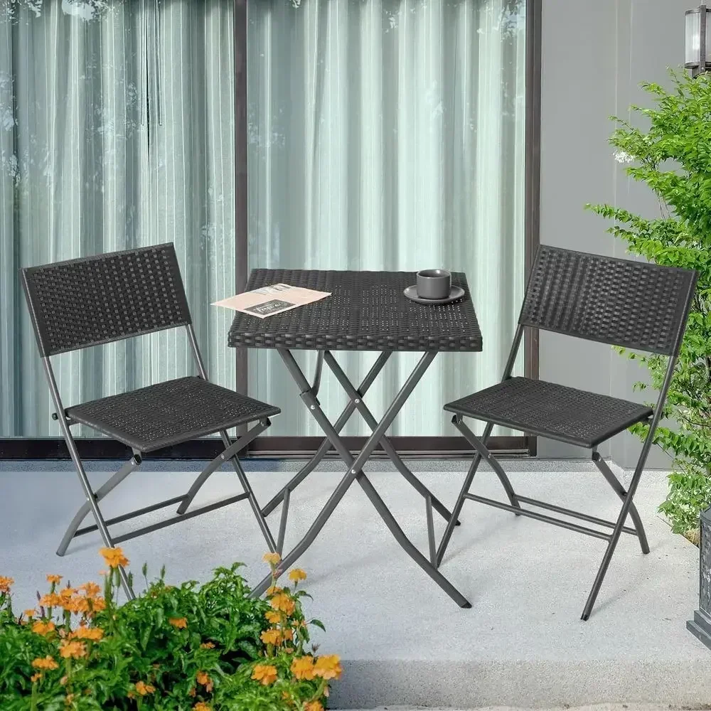 3-Piece Outdoor Bistro Set with Weather-Resistant Rattan, Small Patio Table and Chairs, Black