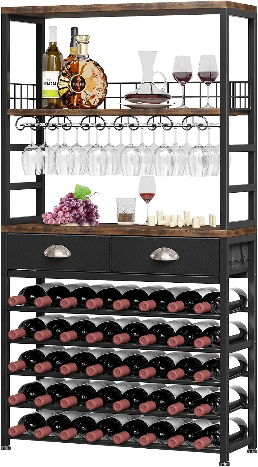 Wine Cabinet with Storage, Wine Rack Freestanding Floor, 6-Tier with Tabletop, Drawer and Wine Storage for Home Bars