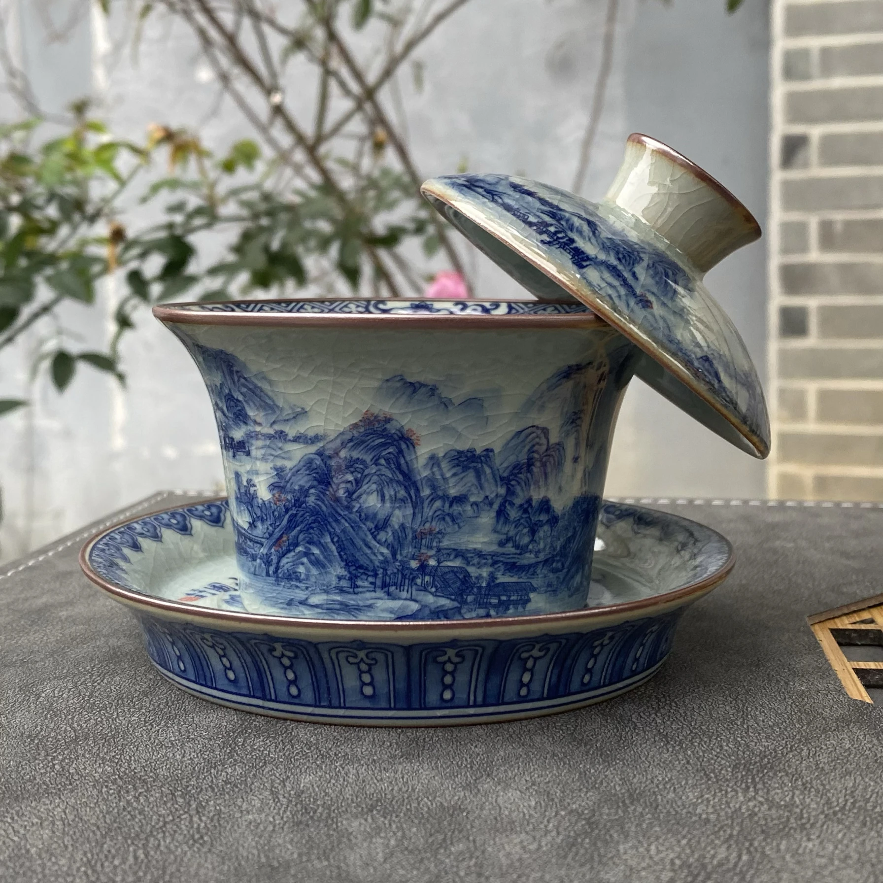 Handmade Jingdezhen Old Clay Blue Whitelandscape Hover Gaiwan Gracked Glaze Cicada Wing Pattern Tea Bowl