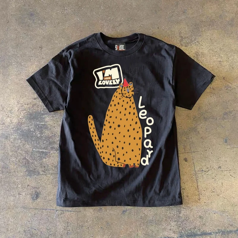 

Футболка из чистого хлопка 260 г с коротким рукавом, с милым леопардовым принтом, уникальный дизайн для студентов и пар, серия XiaoChen Story Multi