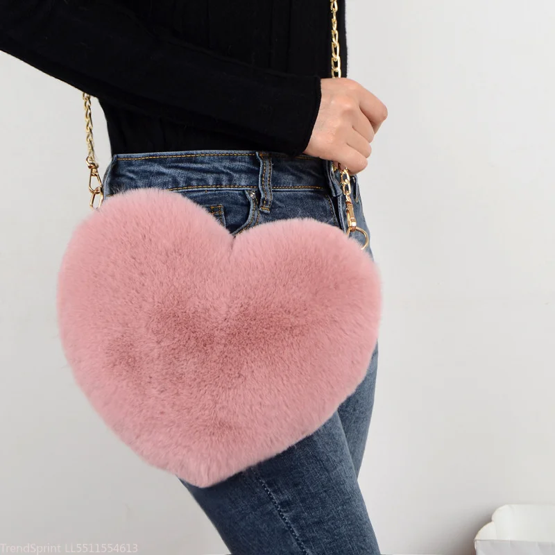 Fashion Women Heart Shaped Faux Fur Crossbody Bag Cute Soft Plush Chain Shoulder Bag Lady Mini Handbag Purse Shopper Tote Daily Party Accessories view 2