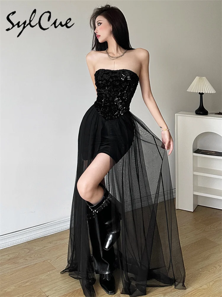 Sylcue 2023 Winter Sisters Party Black Mysterious Sexy Charming Beautiful  Elegant Mature Women'S Chest Wrap Tulle Pleated Dress - AliExpress 200000345