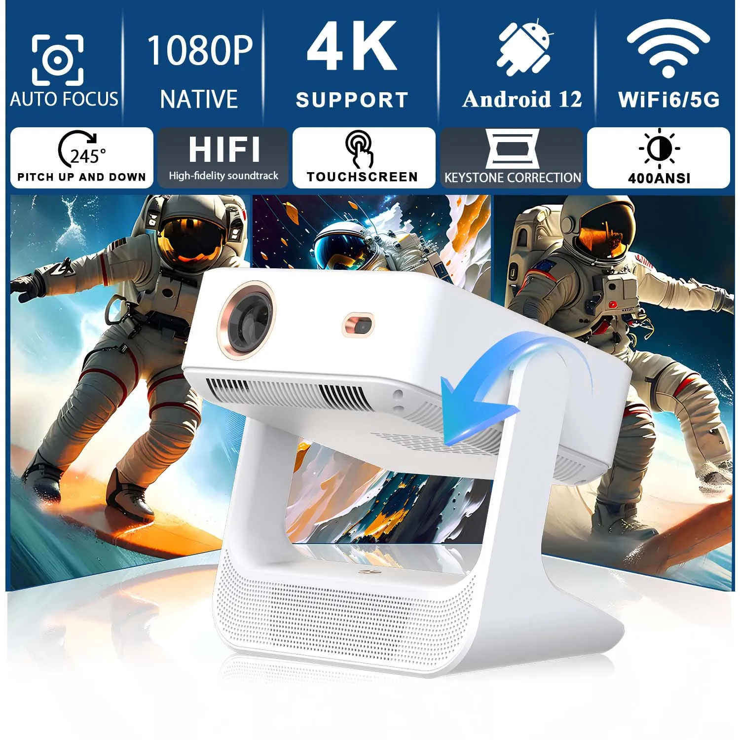 

Projector 4K 1080P, 8" Touch Display, Wireless Bluetooth, Dual Screen HDMI USB, Mini Home Theater Karaoke