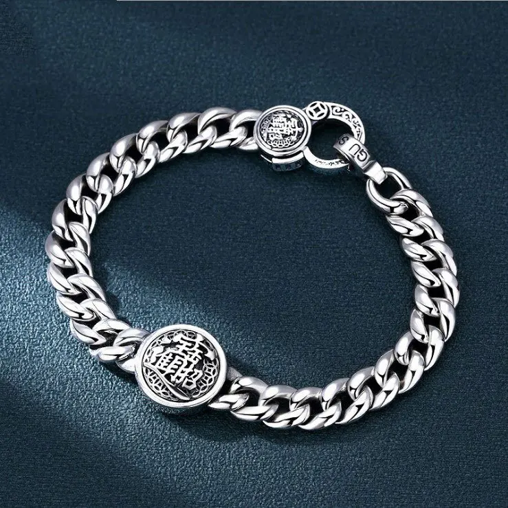 

Chinoiserie s925 sterling silver bracelet men's simple tank chain trend creativity to bring in wealth and treasure rotating men'