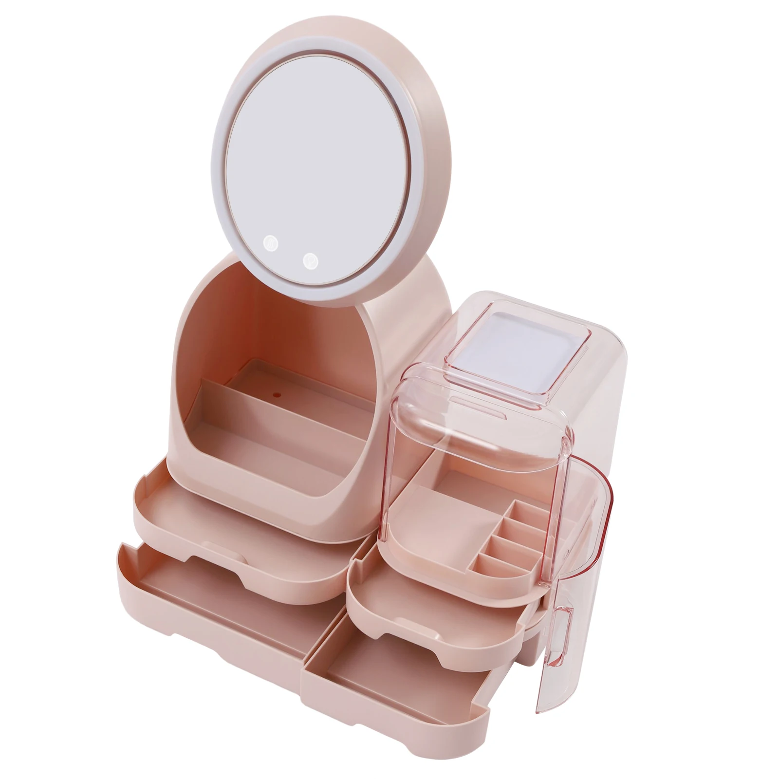 Caja de almacenamiento de cosméticos de escritorio, estuche de belleza de joyería de maquillaje con espejo, luz Led rosa