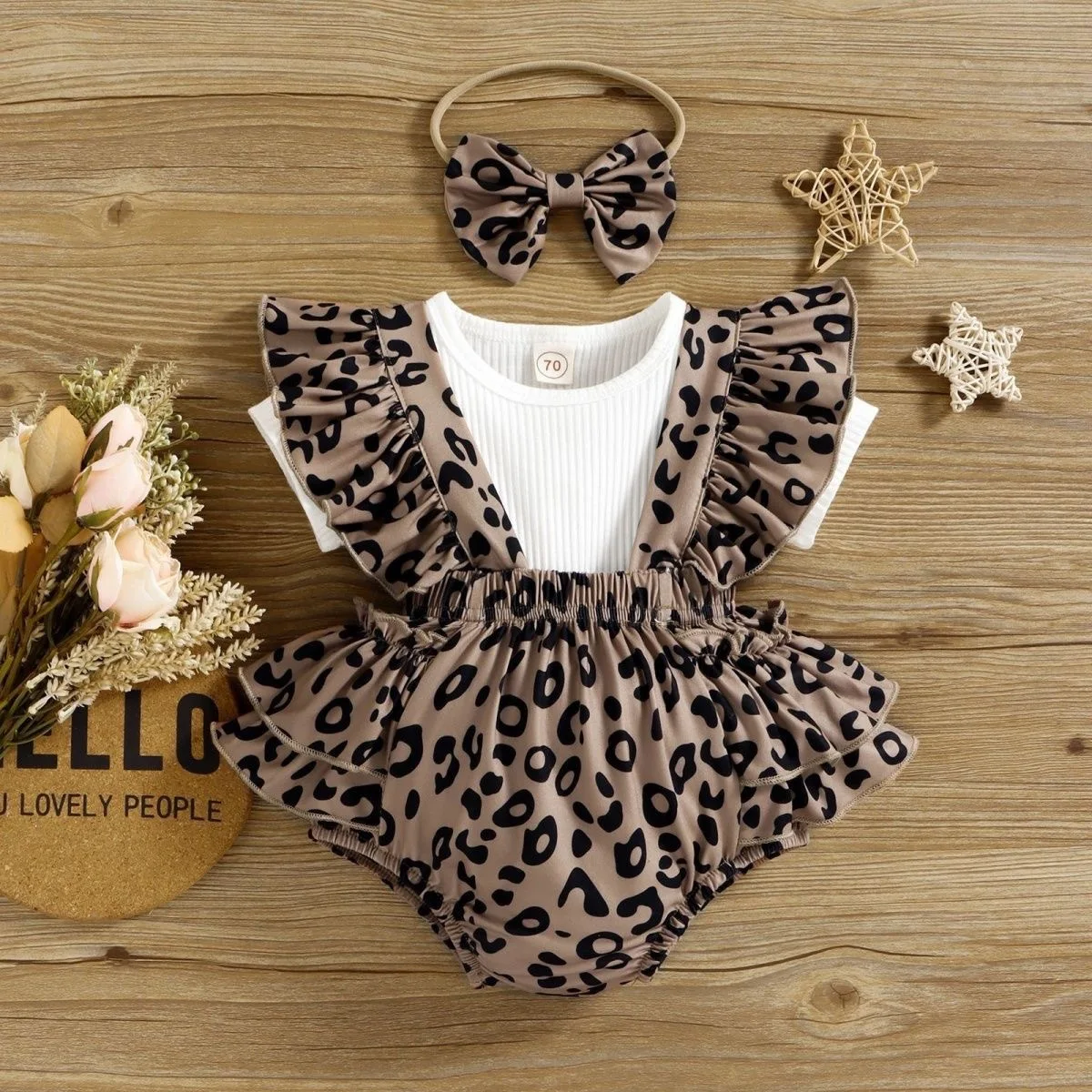 Summer European and American Baby Rompers Pit Stripe Short Sleeved Leopard Print Triangle Crawling Suit Two Piece Set