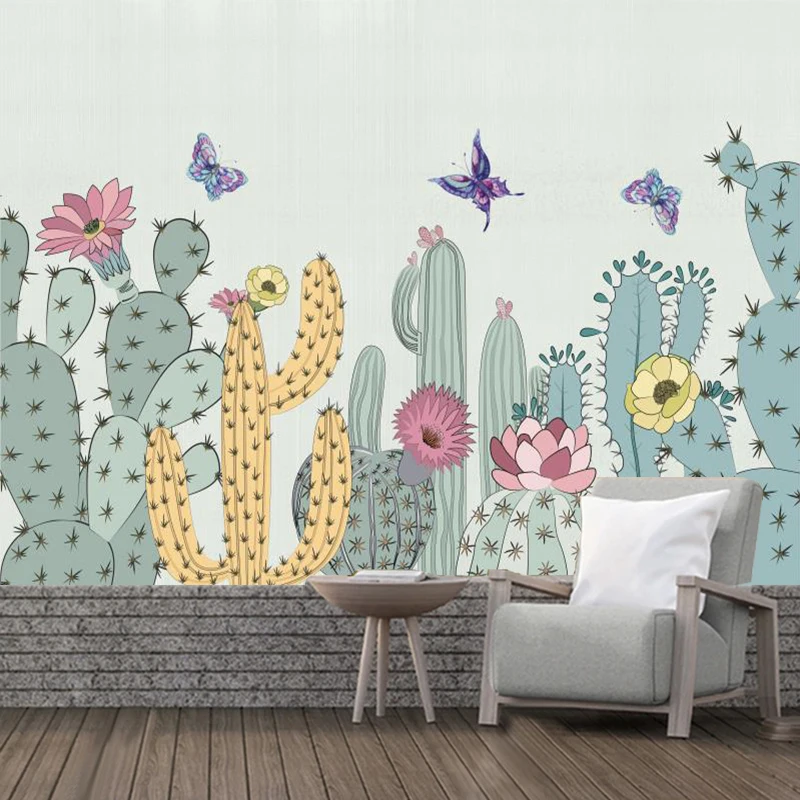 Custom Size 3D Cartoon Cactus Wall Mural Hand-painted Kids Room Wallpaper Nursery Decor & Home Interior Decoration Wall Papers